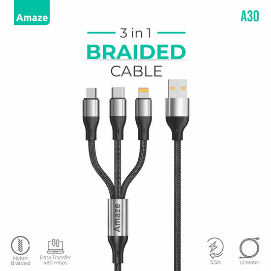 Amaze 3-in-1 USB to Micro/TypeC/iPhone Cable 3.5A 1.2m | A30