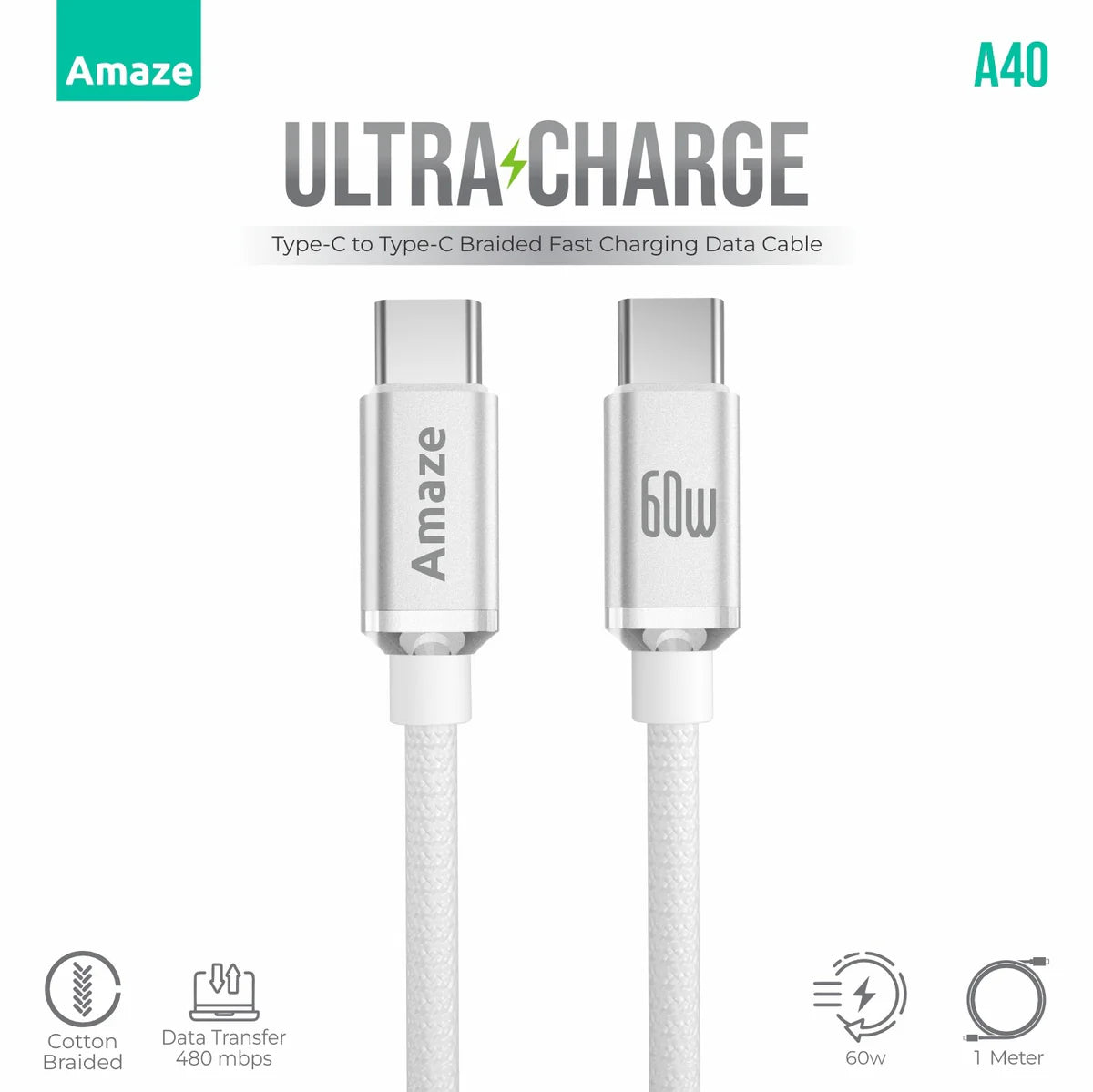 Amaze ULTRA CHARGE TYPE C TO TYPE C CABLE 60W 1M | A40