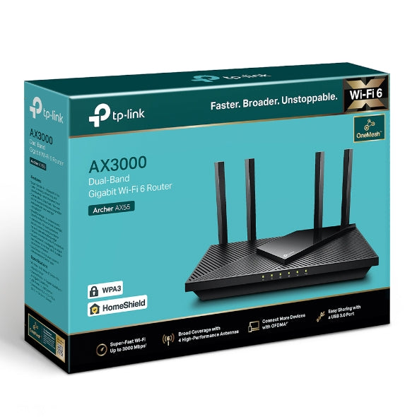 TP-Link Archer AX55 AX3000 Dual Band Gigabit Wi-Fi 6 Router OneMesh WPA3 | Ver 1.0